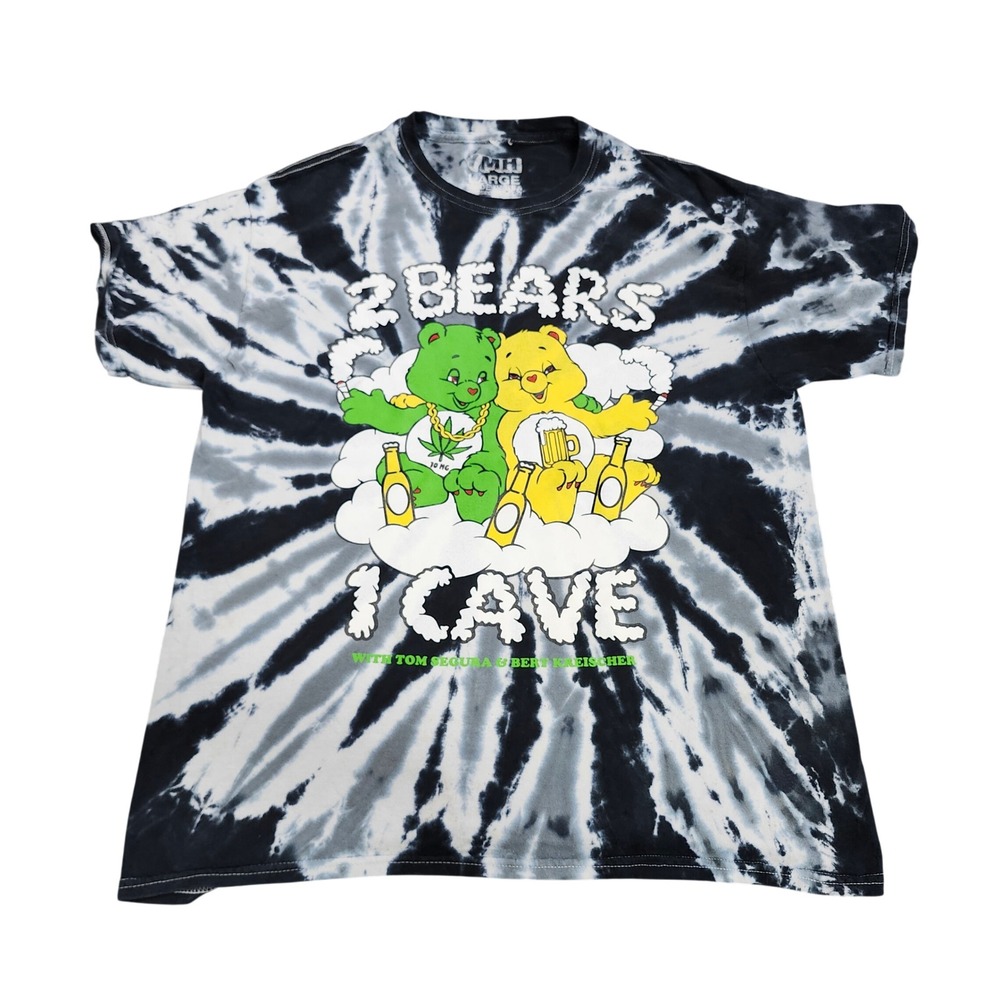 YMH T-SHIRT MENS LARGE 2 BEARS 1 CAVE BLACK TIE-DYE PODCAST EUC
